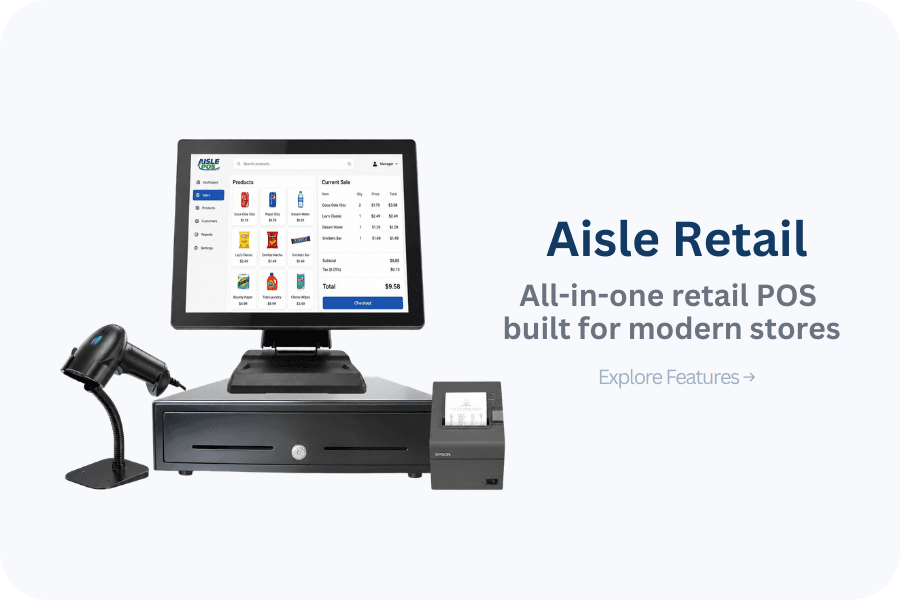 Aisle Retail point-of-sale system with scanner, printer, and cash drawer
