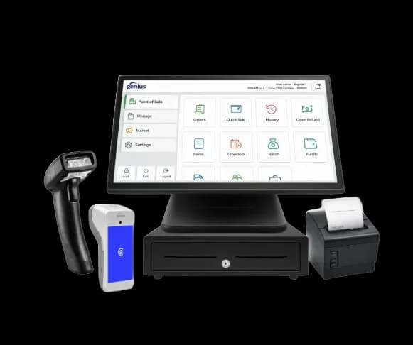 Genius Restaurant point-of-sale station with payment terminal, printer, cash drawer, and scanner