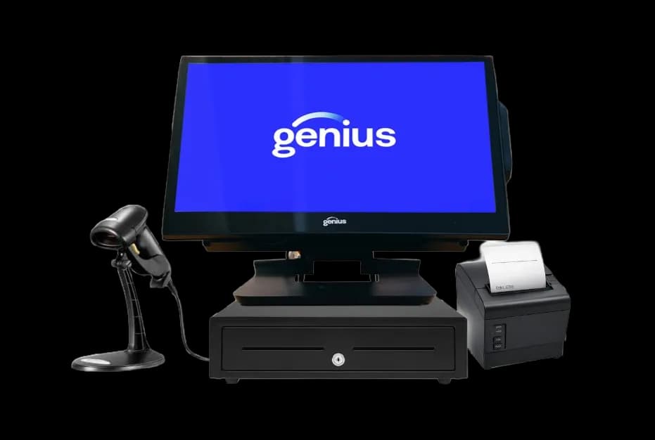 Genius Retail point-of-sale station with scanner, printer, and cash drawer