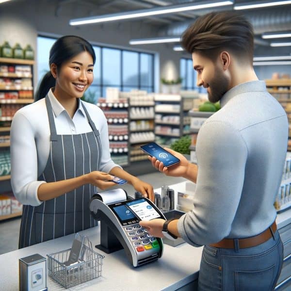 store owner offering contactless payments